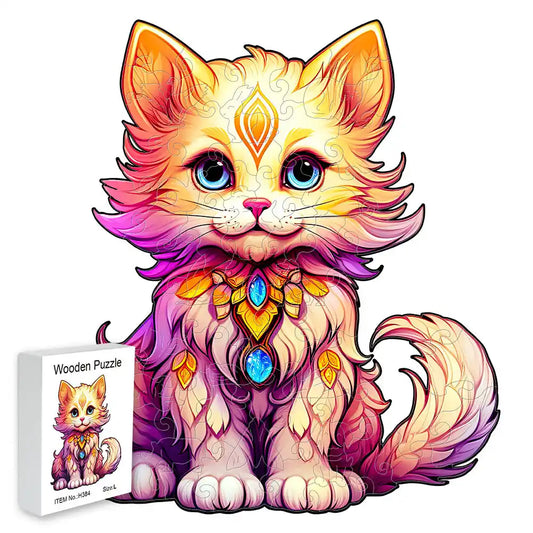 A vibrant wooden jigsaw puzzle shaped like a cat, designed with sparkling gemstones and intricate patterns, sits next to a box labeled "Cute Wooden Jigsaw Puzzles for Adult Animal Shape" by lycheepuzzles, providing stress relief through its unique pieces and charming feline design.