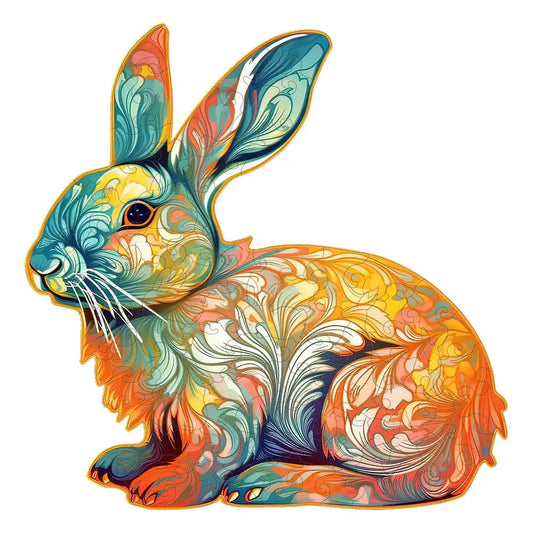 This intricate wooden puzzle, featuring a vibrant rabbit illustration in blue, orange, and yellow from lycheepuzzles, offers a captivating artistic display with its unique shapes that provide stress relief for puzzle enthusiasts. The Rabbit Bunny Wooden Puzzles for Adults come beautifully packaged as a perfect gift.