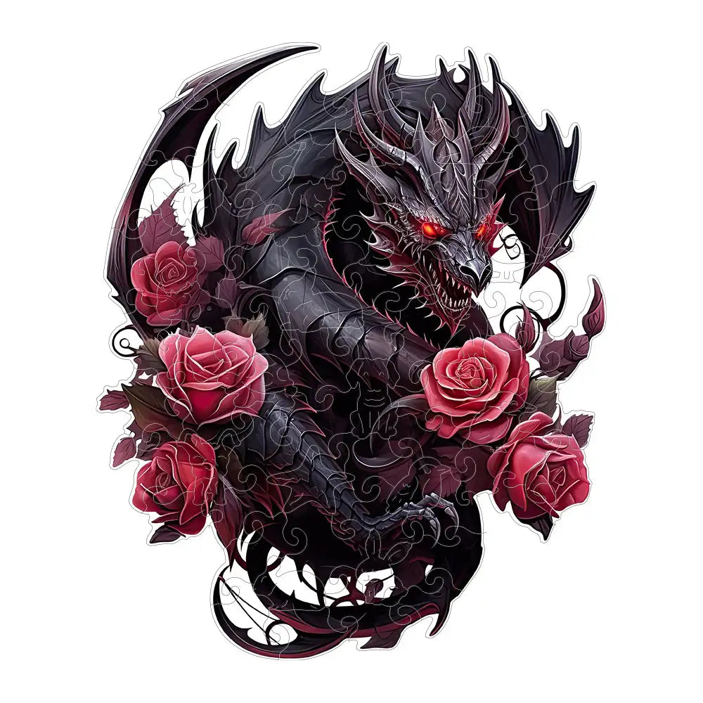 Featuring a striking image of a fierce black dragon with glowing red eyes encircled by vibrant red roses and elaborate ornamentation, the Black Dragon Rose Wooden Jigsaw Puzzle by lycheepuzzles captures the intricate beauty found in premium wooden puzzles.