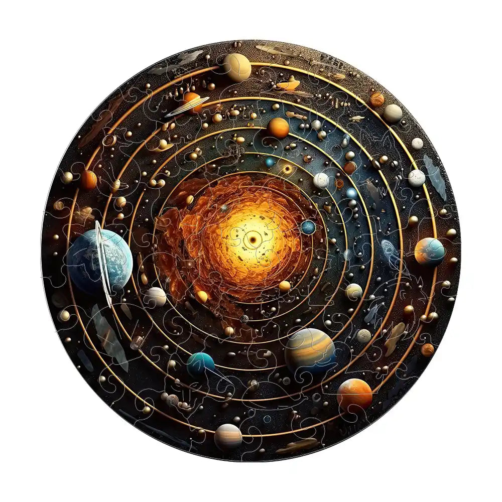 The "Universe Planets Wooden Jigsaw Puzzles for Adult" by lycheepuzzles is a circular wooden puzzle showcasing the solar system, featuring swirling golden lines and planetary images that spiral around a luminous center. This stress-relief puzzle includes uniquely shaped pieces, enhancing its celestial charm and challenge.