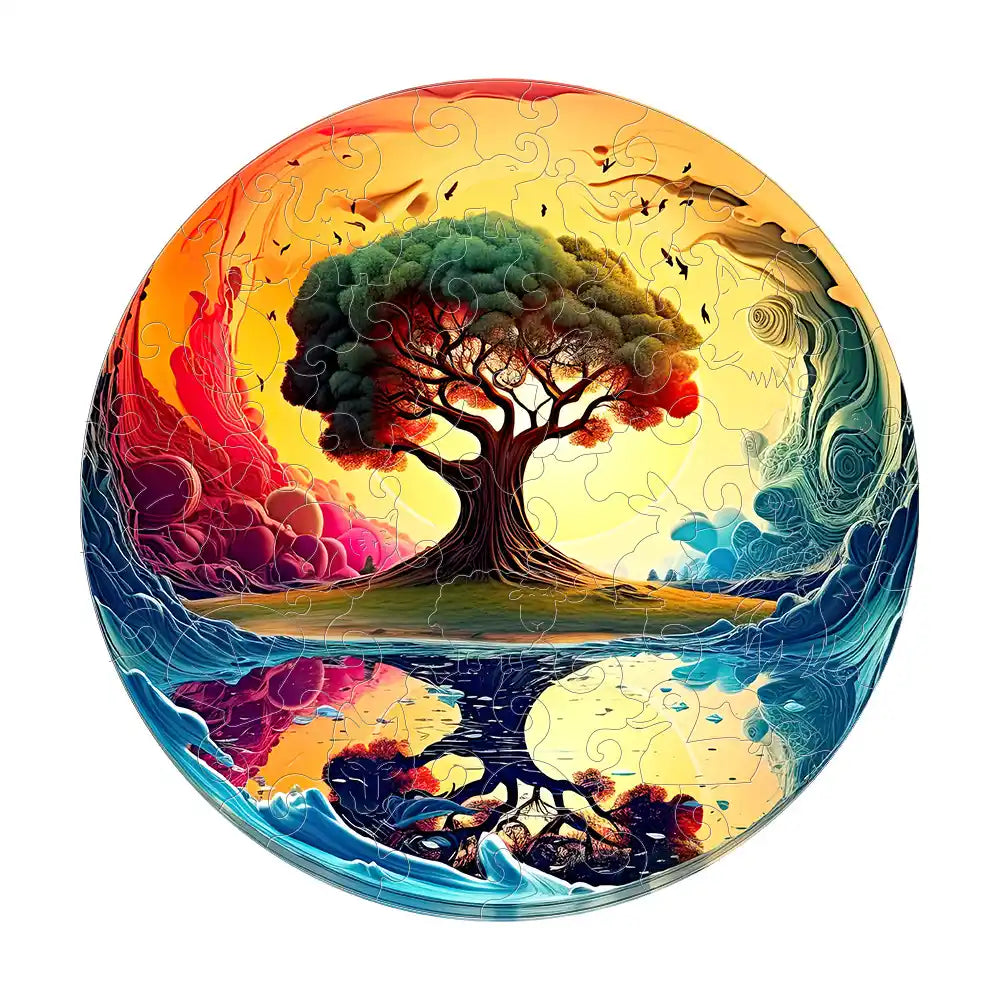 The Tree of Life Wooden Jigsaw Puzzle by lycheepuzzles features a captivating circular design with a central tree, encircled by swirling colors that represent the four seasons: red, orange, green, and blue. Its mesmerizing pattern and distinctively shaped pieces offer an ideal stress-relieving challenge for both adults and kids. Additionally, it includes a reflective mirror image below to enhance the experience of engaging with this brain-healthy puzzle.