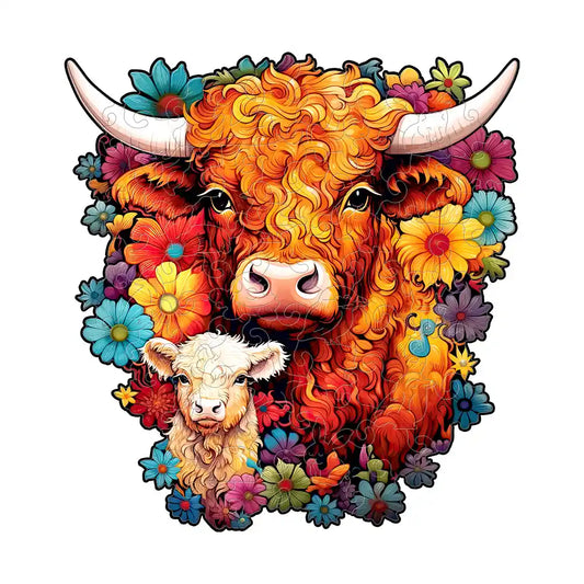 Explore the "Highland Cattle Family Wooden Puzzle for Adults Kids Family Game" by lycheepuzzles, featuring an illustration of a Highland cow and calf amidst vibrant flowers on a white background. This puzzle offers unique shapes designed to provide a delightful challenge and stress relief.