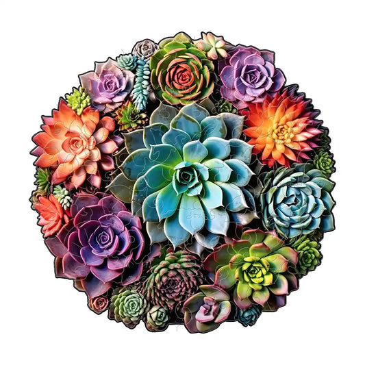 A vibrant circular design of succulent plants in diverse colors such as blue, green, purple, and red forms the unique puzzle shapes from the "Unique Wooden Jigsaw Puzzles Mandala Succulent Plants Best Gift" collection by lycheepuzzles against a white background.