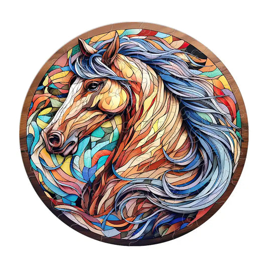 The Horse Wooden Jigsaw Puzzle by lycheepuzzles features a vibrant stained-glass style illustration of a horse head with a flowing mane set within a circular frame, crafted as an intricate wooden puzzle with uniquely shaped pieces.