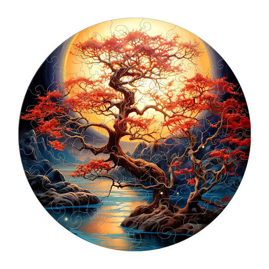 The "Sun and Tree Jigsaw Wooden Puzzle for Puzzles Lovers Family Friend" by lycheepuzzles showcases a mesmerizing scene of a gnarled tree with vibrant red leaves silhouetted against a luminous full moon, all reflected in serene waters. Its distinctive puzzle shapes offer not only an engaging assembly experience but also serve as an excellent stress reliever.