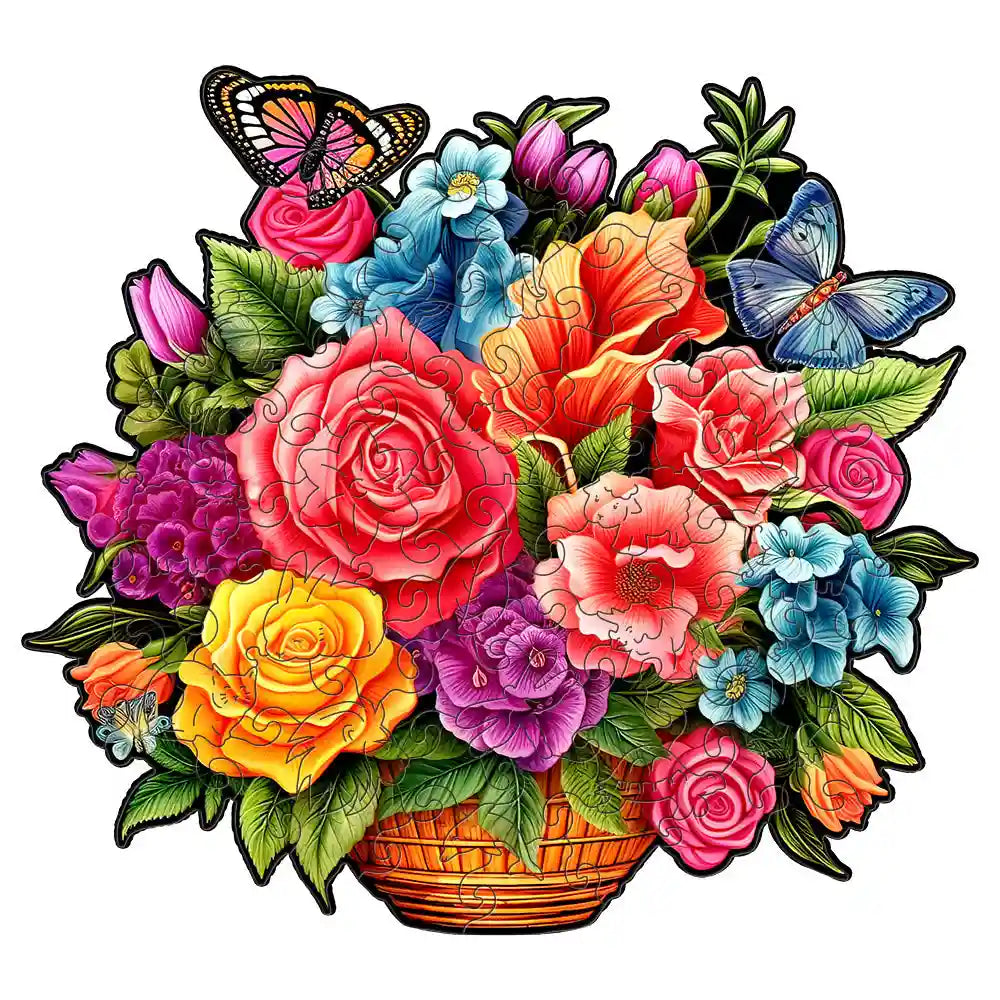 The vibrant assortment of roses, tulips, and various flowers with two butterflies is reminiscent of the enchanting patterns found in the Butterfly and Flowers Wooden Jigsaw Puzzles for Adults by lycheepuzzles.