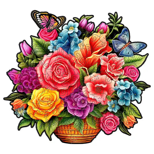 The vibrant assortment of roses, tulips, and various flowers with two butterflies is reminiscent of the enchanting patterns found in the Butterfly and Flowers Wooden Jigsaw Puzzles for Adults by lycheepuzzles.