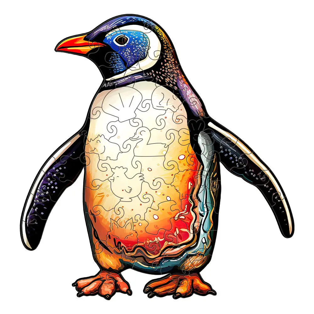 Discover the Penguin Wood Puzzles from lycheepuzzles, featuring a colorful illustration with intricate and unique animal-shaped jigsaw pieces that are perfect for stress relief. Ideal as a kids' gift, these puzzles showcase various abstract patterns and designs.