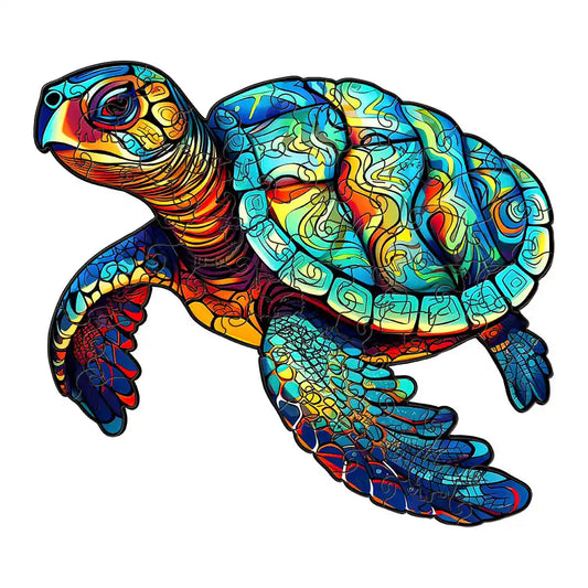 The Sea Turtle Wooden Jigsaw Puzzle by lycheepuzzles showcases an intricately patterned illustration of a sea turtle, adorned with vibrant blues, reds, and yellows. Its swirling designs across the shell and body provide visual delight while promoting stress relief through its engaging and uniquely shaped pieces. This beautiful puzzle offers a fun challenge for both adults and kids.