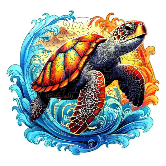 The Deep Sea Turtle Wooden Puzzle by lycheepuzzles features a unique and artistic design of a sea turtle with a colorful shell amidst vibrant waves, making it an ideal birthday gift for nature lovers.