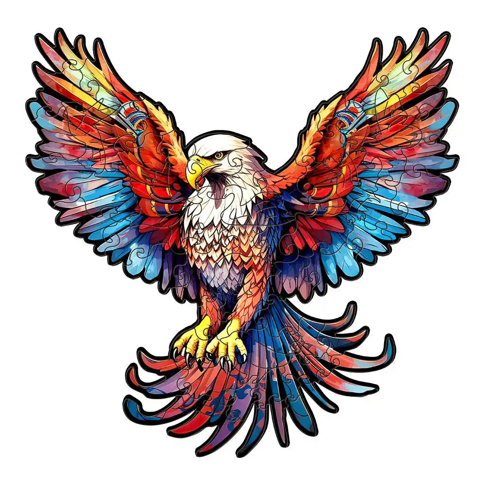 Introducing the "Flying Eagle Wooden Jigsaw Puzzles for Adults" by lycheepuzzles, featuring a vibrant illustration of an eagle with outspread wings. This puzzle showcases intricate feather patterns in shades of red, blue, and orange, crafted into unique wooden pieces designed to offer stress relief. Perfect as a Christmas gift!