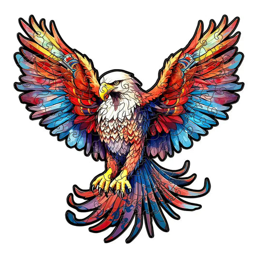 Introducing the "Flying Eagle Wooden Jigsaw Puzzles for Adults" by lycheepuzzles, featuring a vibrant illustration of an eagle with outspread wings. This puzzle showcases intricate feather patterns in shades of red, blue, and orange, crafted into unique wooden pieces designed to offer stress relief. Perfect as a Christmas gift!