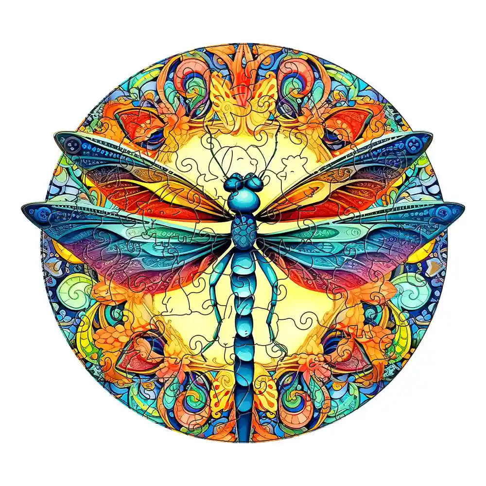 Introducing the Dragonfly Wooden Jigsaw Puzzle by lycheepuzzles: This beautifully crafted puzzle features an intricate stained glass design with a vibrant dragonfly at its center, surrounded by circular floral and abstract patterns. The unique puzzle shapes provide artistic beauty and stress relief, making it an engaging pastime for those who appreciate a challenge. Perfect for adults, families, and friends seeking creative fun.