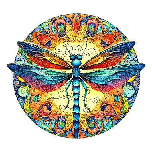 Introducing the Dragonfly Wooden Jigsaw Puzzle by lycheepuzzles: This beautifully crafted puzzle features an intricate stained glass design with a vibrant dragonfly at its center, surrounded by circular floral and abstract patterns. The unique puzzle shapes provide artistic beauty and stress relief, making it an engaging pastime for those who appreciate a challenge. Perfect for adults, families, and friends seeking creative fun.