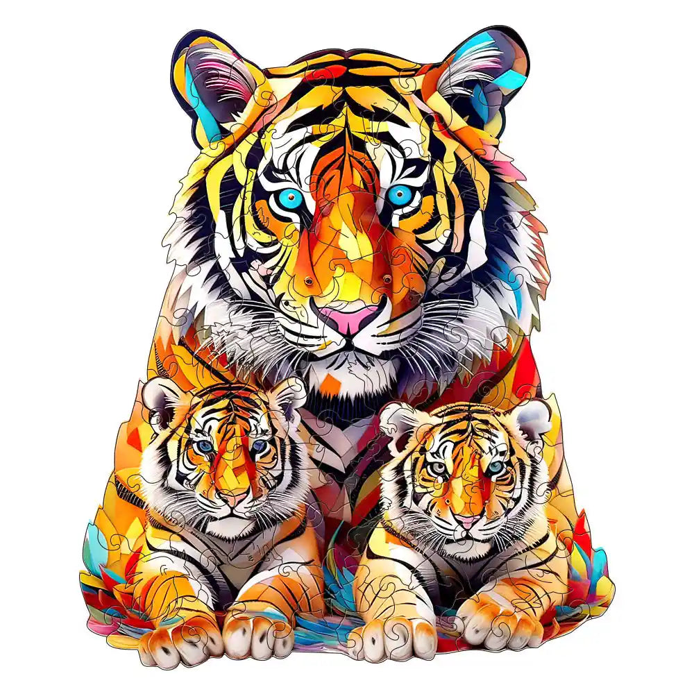 A vibrant illustration of a tiger and two cubs, showcasing abstract designs and intricate patterns in their fur reminiscent of unique puzzle shapes, offers a captivating invitation to find stress relief. Discover this enchanting depiction with the Tiger Family Wooden Jigsaw Puzzles Kids Family Puzzles Game by lycheepuzzles.