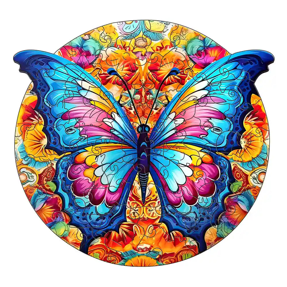 The "Wooden Mandala Butterfly Jigsaw Puzzles" by lycheepuzzles features intricate patterns in blue, pink, and yellow butterflies set against a vibrant orange and red floral backdrop. Reminiscent of stress relief puzzles, their unique puzzle shapes provide a calming escape perfect for adults seeking a thoughtful birthday gift.