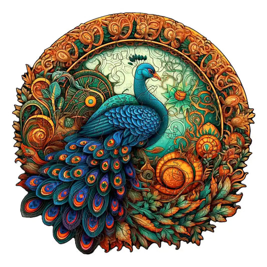 An illustration of a peacock with vibrant blue and green feathers, encircled by intricate floral and leaf patterns, resembles the distinctive shapes found in lycheepuzzles' Unique Peacock Wooden Puzzles for Adults from the Animal Family collection.