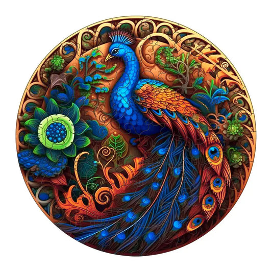 The Mandala Peacock Puzzle by lycheepuzzles features a vibrant wooden jigsaw representation of a peacock with ornate tail feathers set against detailed floral designs, offering uniquely shaped pieces that provide enjoyable stress relief. Perfect as a birthday gift for both adults and kids, this family game promises hours of engaging fun.